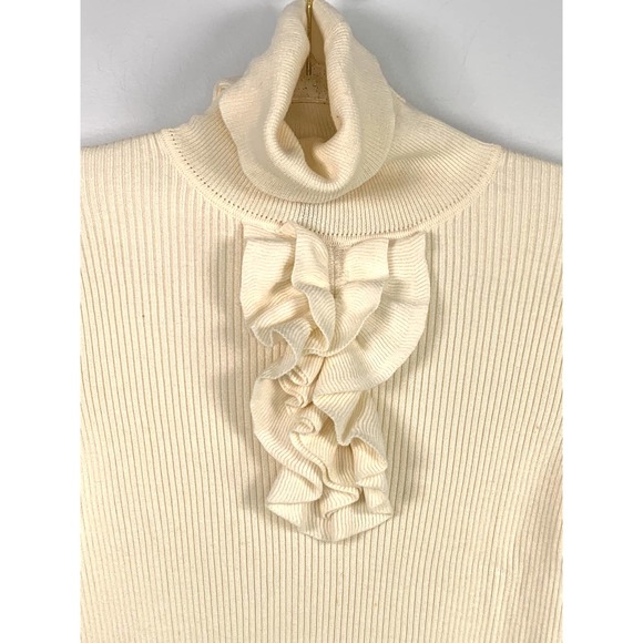 Talbots Ribbed Cowl Neck Cream Long Sleeve Ruffle Front Cardigan XS - Picture 2 of 6